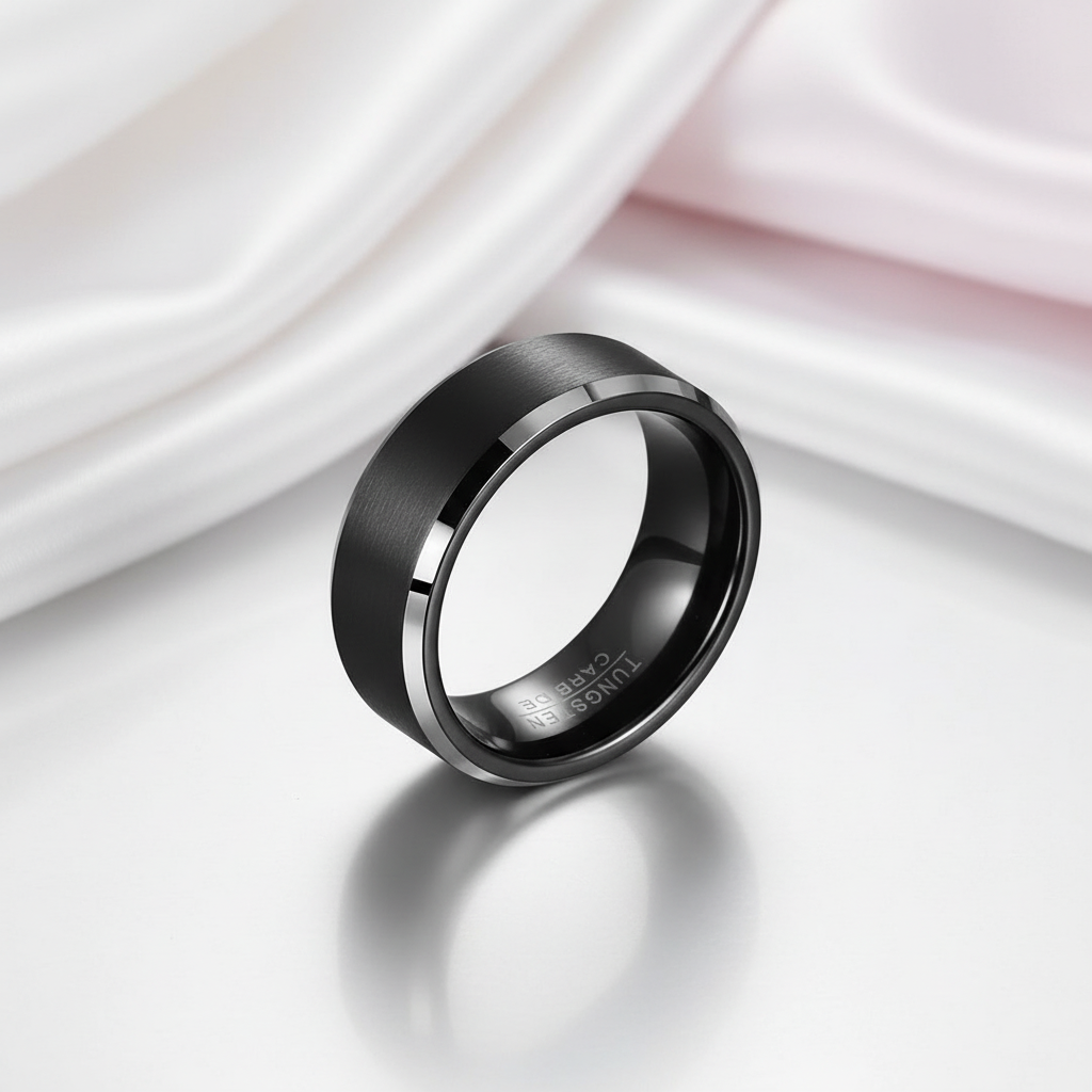 Matte Finish Black Tungsten Beveled Edge Wedding Band-Black Diamonds New York