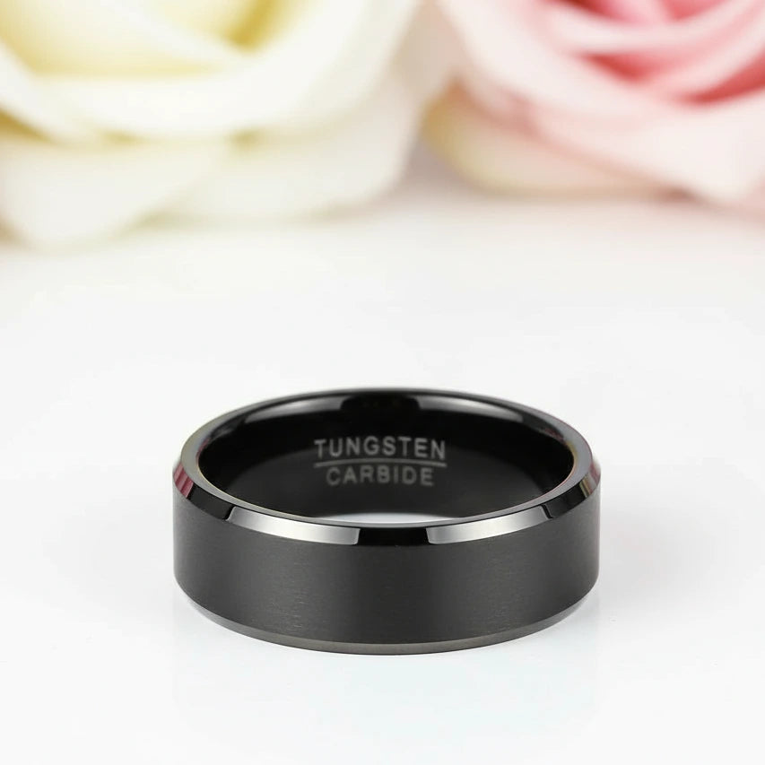 Matte Finish Black Tungsten Beveled Edge Wedding Band-Black Diamonds New York