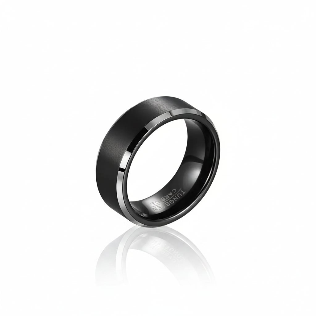 Matte Finish Black Tungsten Beveled Edge Wedding Band-Black Diamonds New York