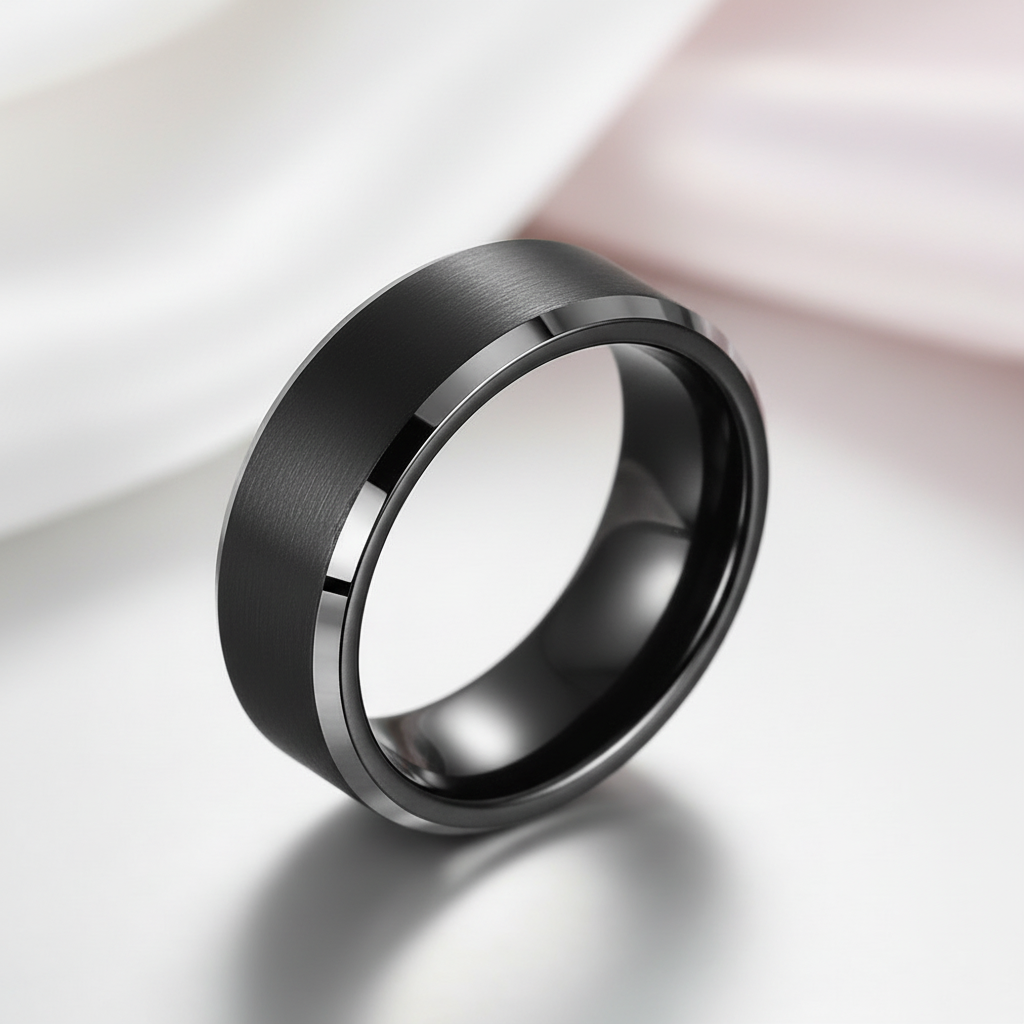 Matte Finish Black Tungsten Beveled Edge Wedding Band-Black Diamonds New York