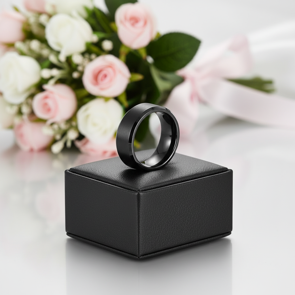 Matte Finish Black Tungsten Beveled Edge Wedding Band-Black Diamonds New York