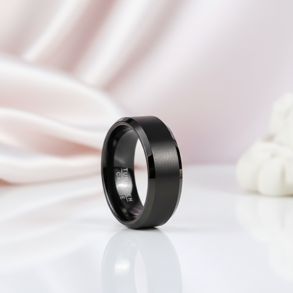 Matte Finish Black Tungsten Beveled Edge Wedding Band-Black Diamonds New York