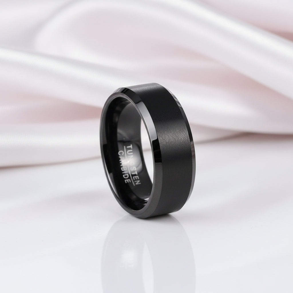 Matte Finish Black Tungsten Beveled Edge Wedding Band-Black Diamonds New York