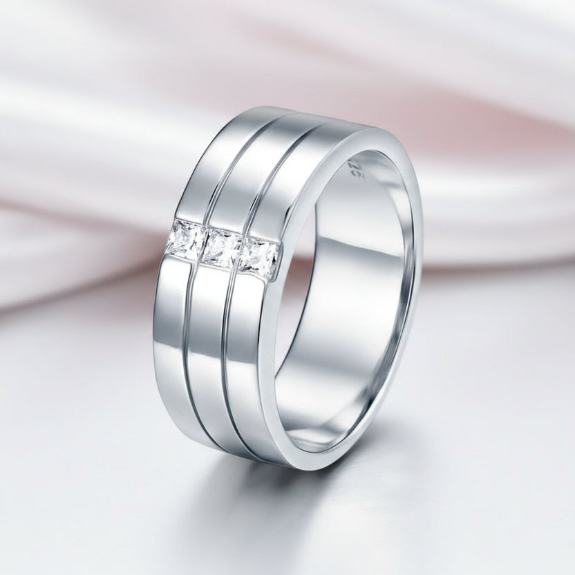 Men's Silver Ring with Three Princess-Cut Diamond Option-Black Diamonds New York