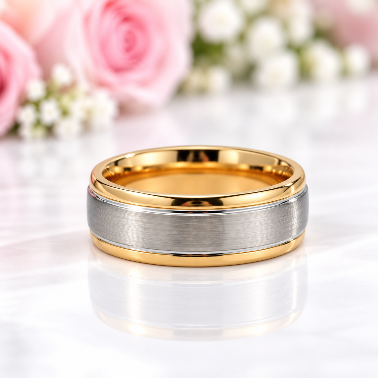 A two-tone metal band ring with a brushed silver center and polished gold edges, displayed on a reflective white surface with soft pink roses in the blurred background.