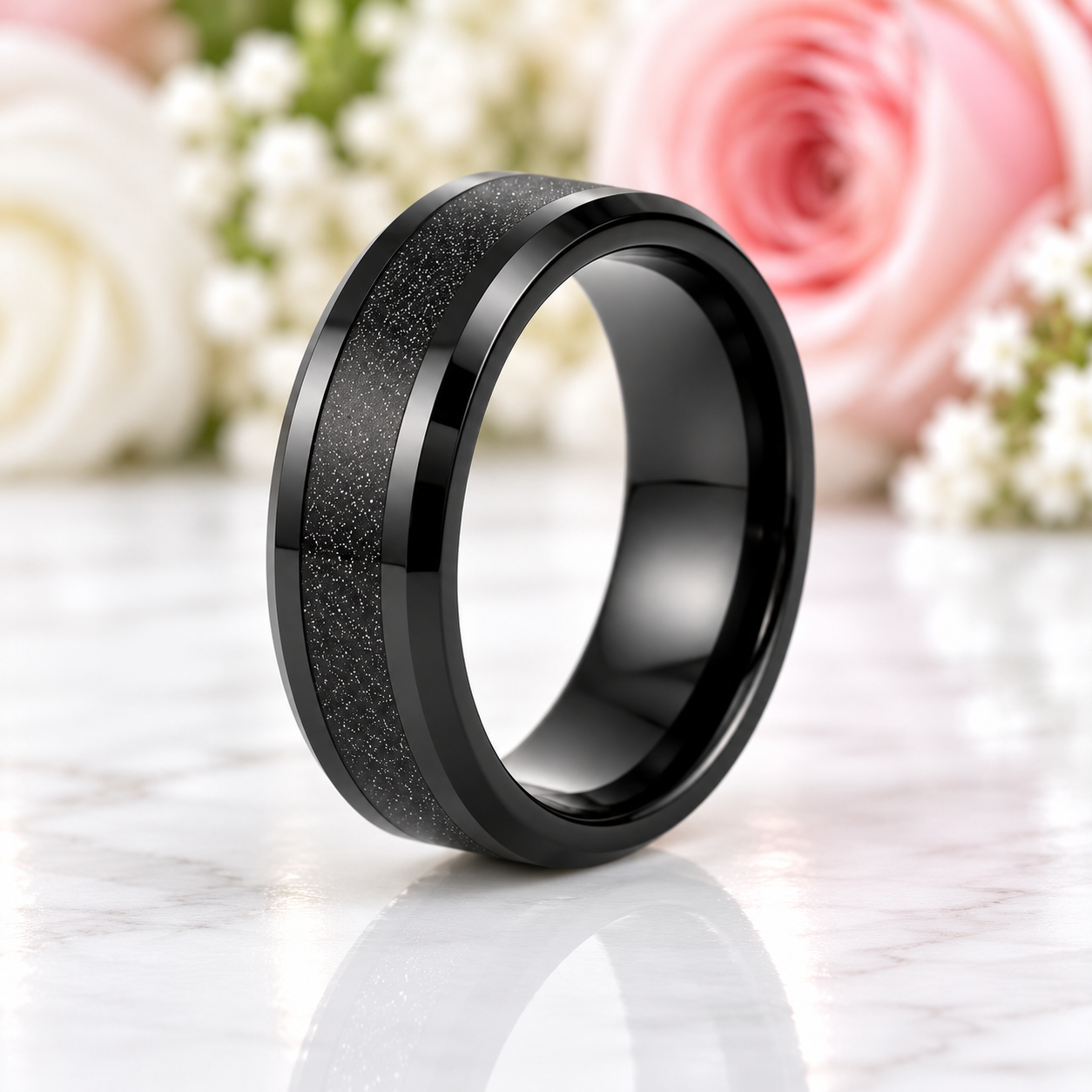 Men's Tungsten Carbide Wedding Band with Sandstone Inlay-Black Diamonds New York