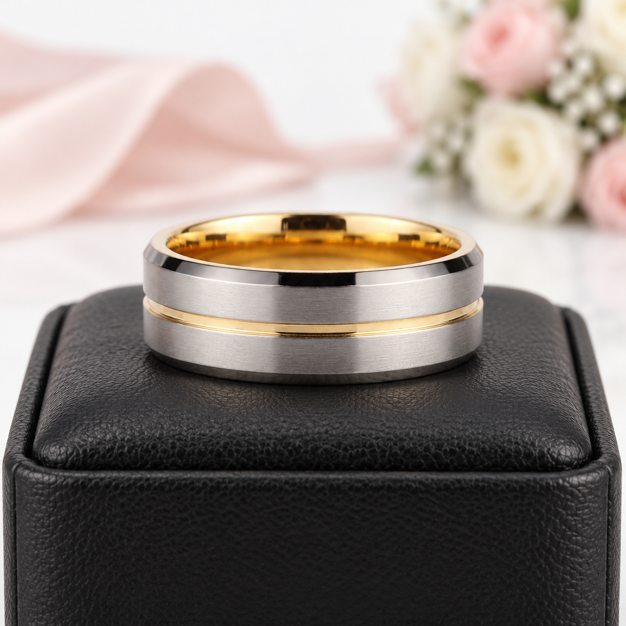 A two-tone metal band ring with a brushed silver outer band, polished gold inner band, and a thin gold accent stripe, displayed on a black textured ring box with soft pink and white flowers in the background.