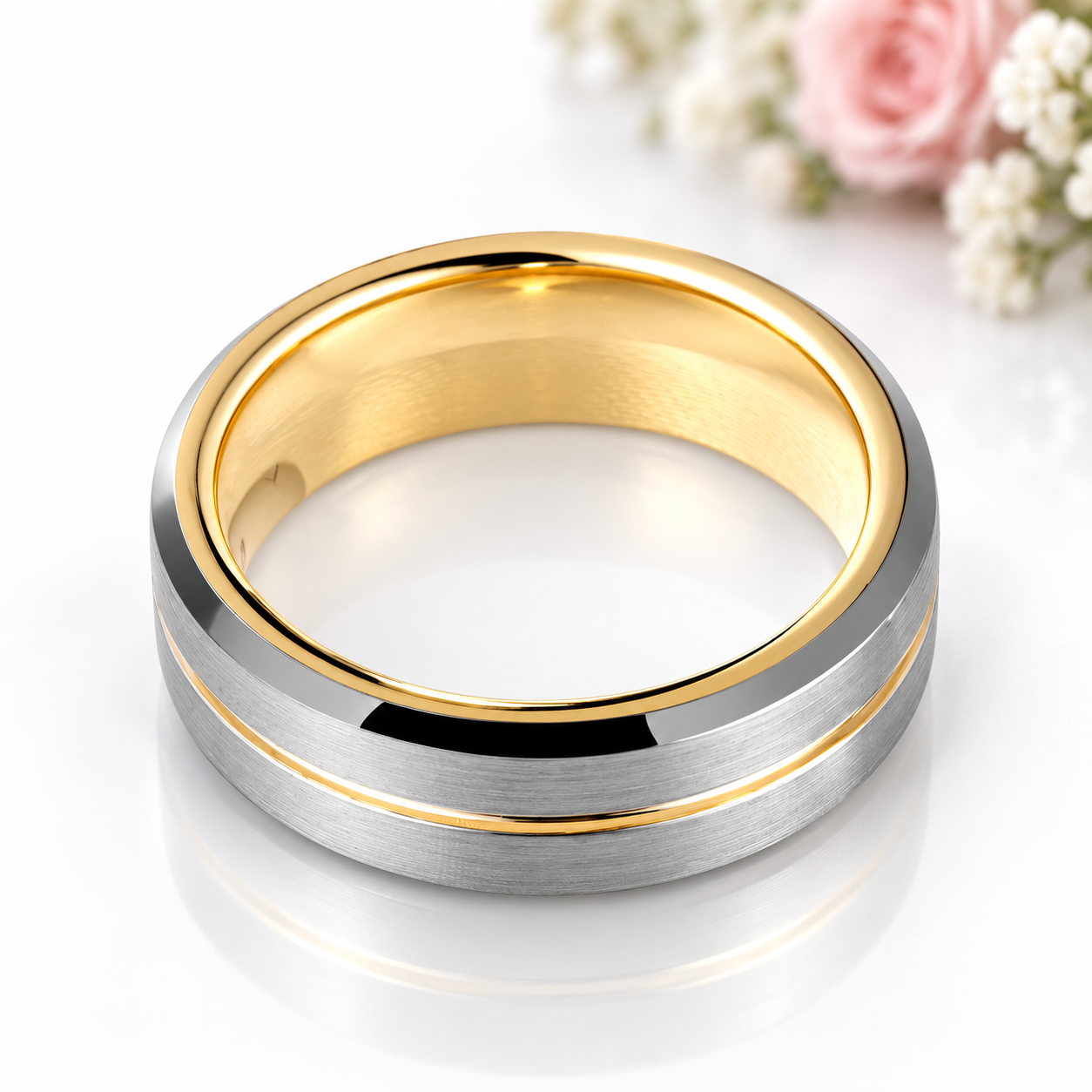 A two-tone metal band ring with a brushed silver exterior, polished gold inner band, and a thin gold accent stripe, shown on a clean white background with soft pink flowers blurred in the corner.