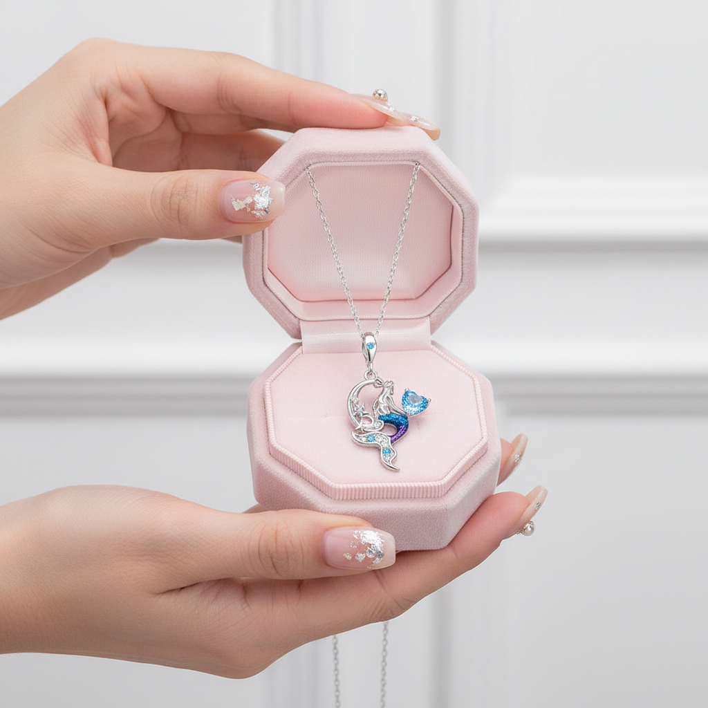 A silver-toned necklace with a blue and white mermaid pendant is displayed inside an open pink octagonal jewelry box, held by two hands with decorated nails against a soft white paneled background.