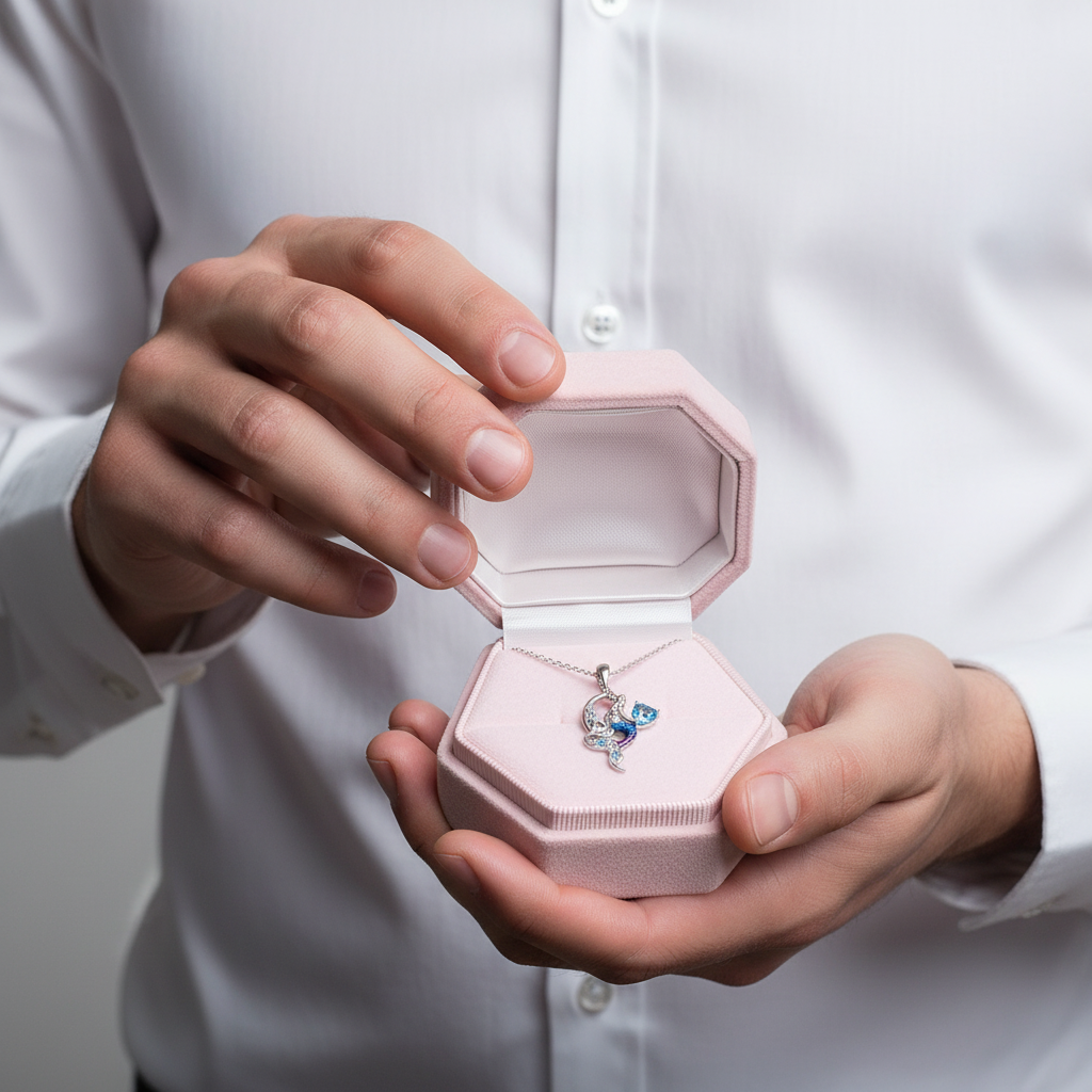 A person in a white button-down shirt holds an open light pink jewelry box displaying a silver necklace with a blue and white butterfly pendant.