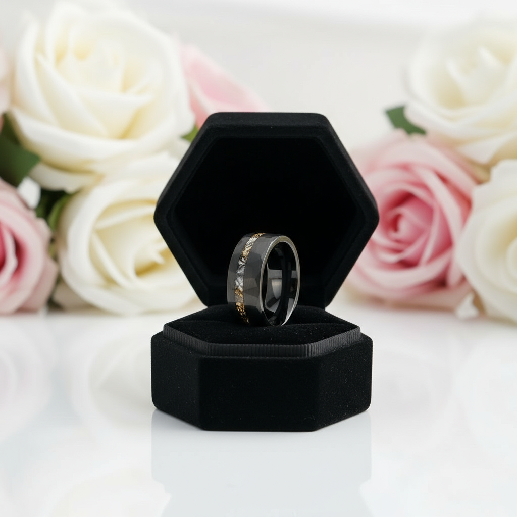 Meteorite Chip Gold Foil Inlay Hammer Tungsten Carbide Men's Ring-Black Diamonds New York