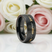 Meteorite Chip Gold Foil Inlay Hammer Tungsten Carbide Men's Ring-Black Diamonds New York