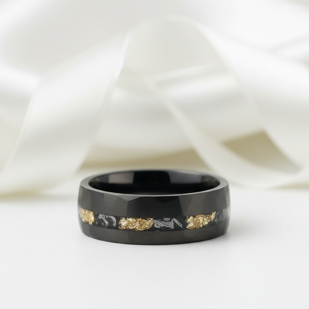 Meteorite Chip Gold Foil Inlay Hammer Tungsten Carbide Men's Ring-Black Diamonds New York