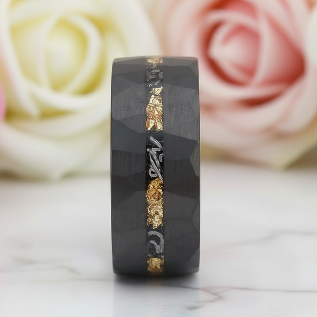 Meteorite Chip Gold Foil Inlay Hammer Tungsten Carbide Men's Ring-Black Diamonds New York