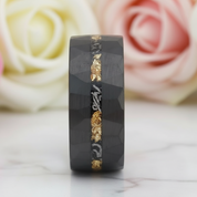 Meteorite Chip Gold Foil Inlay Hammer Tungsten Carbide Men's Ring-Black Diamonds New York