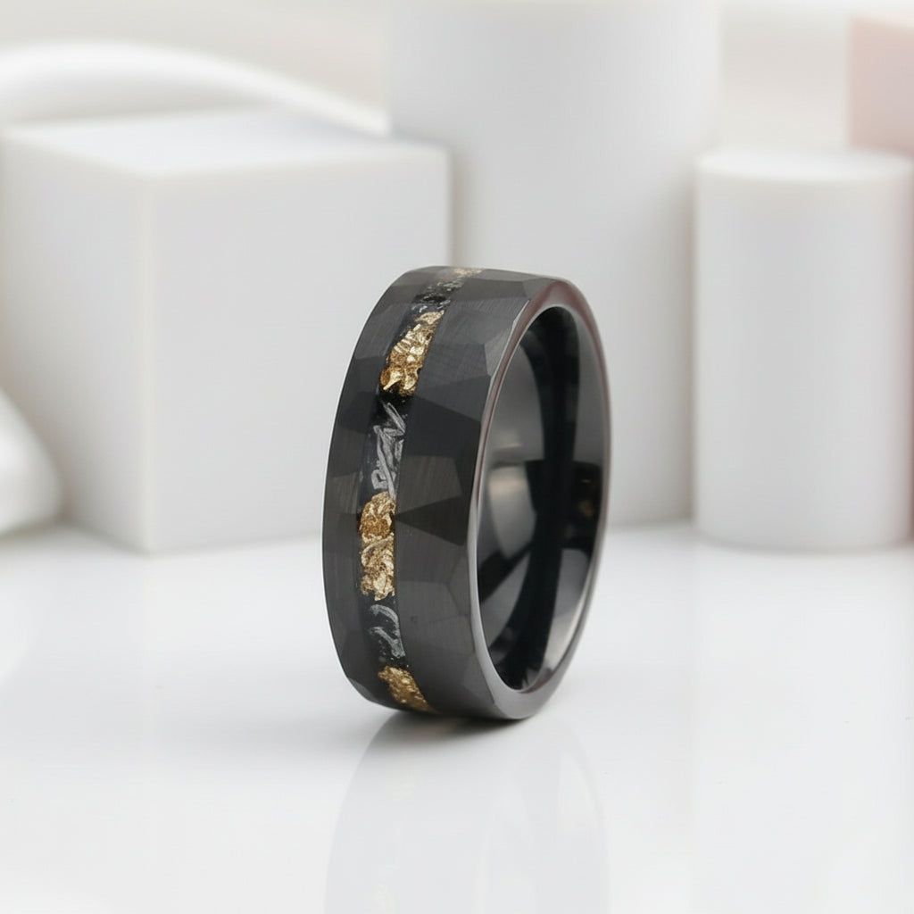 Meteorite Chip Gold Foil Inlay Hammer Tungsten Carbide Men's Ring-Black Diamonds New York