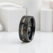Meteorite Chip Gold Foil Inlay Hammer Tungsten Carbide Men's Ring-Black Diamonds New York