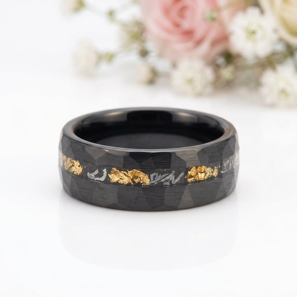 Meteorite Chip Gold Foil Inlay Hammer Tungsten Carbide Men's Ring-Black Diamonds New York