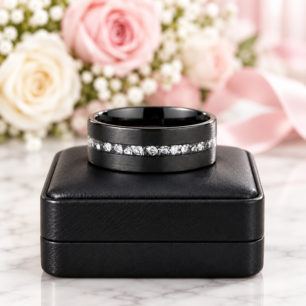 A black metal band ring with a row of clear gemstones, displayed on a black square box with a blurred floral background.