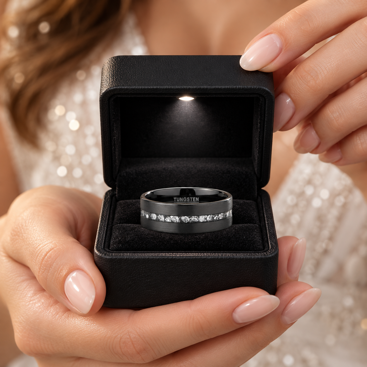 A black ring box with a built-in LED light, held open by hands with manicured nails. Inside the box is a black band ring with a row of small clear stones and the brand name 'TUNGSTEN' engraved on the side.