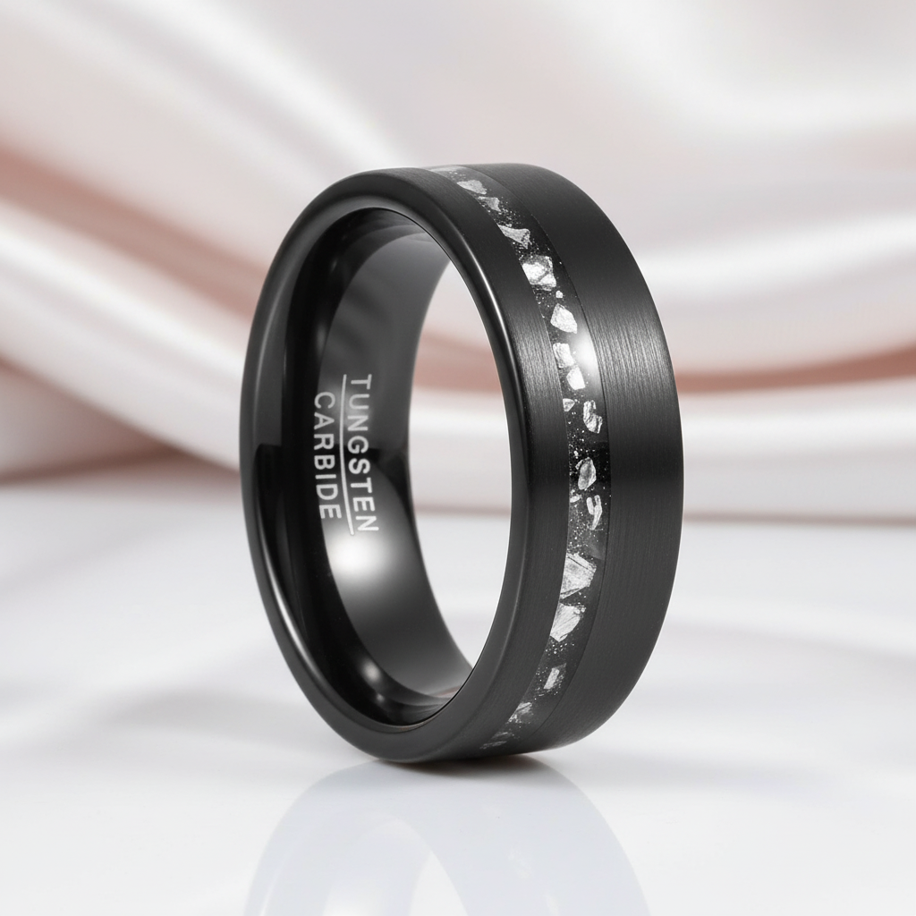 Meteorite Fragments Inlay Brush Black Tungsten Carbide Ring-Black Diamonds New York