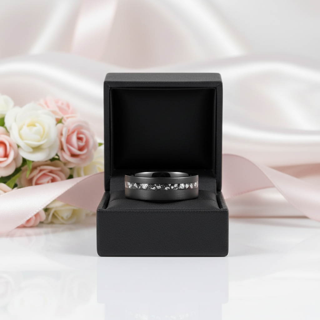 Meteorite Fragments Inlay Brush Black Tungsten Carbide Ring-Black Diamonds New York