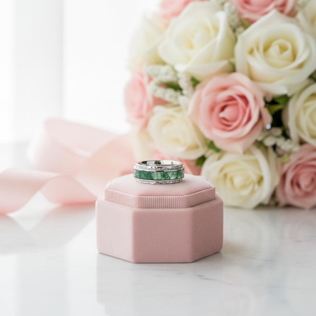 Moss Agate Hammered Wedding Band-Black Diamonds New York