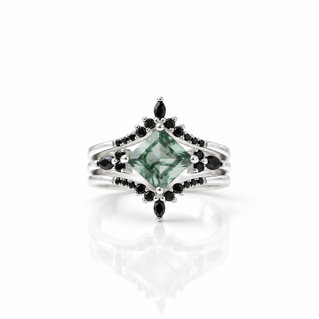 Moss Agate and Black Diamond Options Wedding Ring Set-Black Diamonds New York
