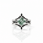 Moss Agate and Black Diamond Options Wedding Ring Set-Black Diamonds New York