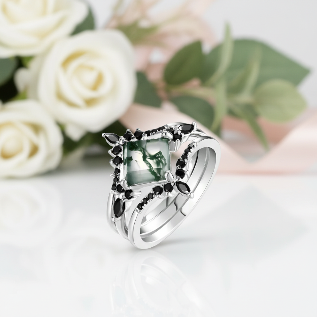 Moss Agate and Black Diamond Options Wedding Ring Set-Black Diamonds New York