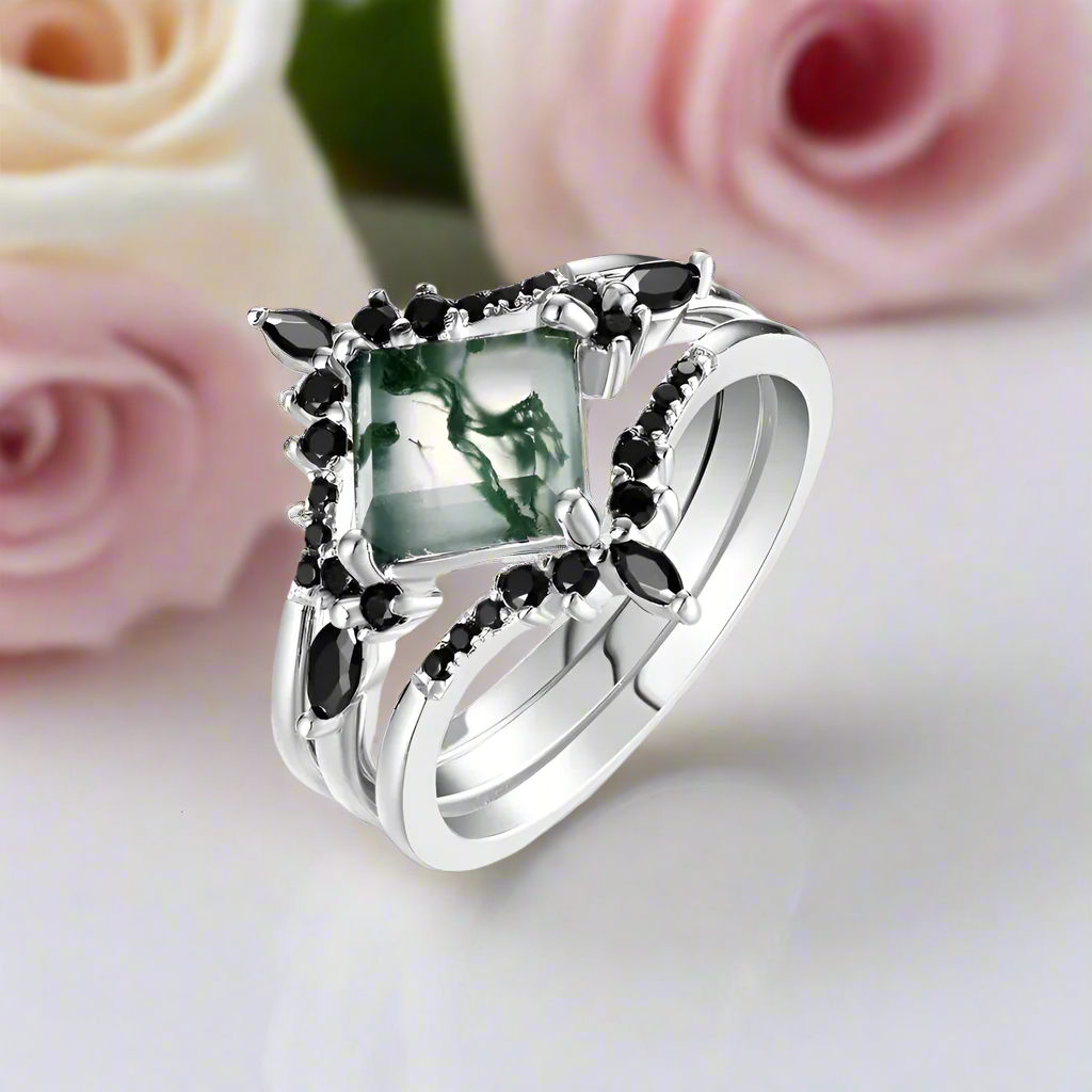 Moss Agate and Black Diamonds Wedding Ring Set-Black Diamonds New York