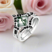 Moss Agate and Black Diamonds Wedding Ring Set-Black Diamonds New York