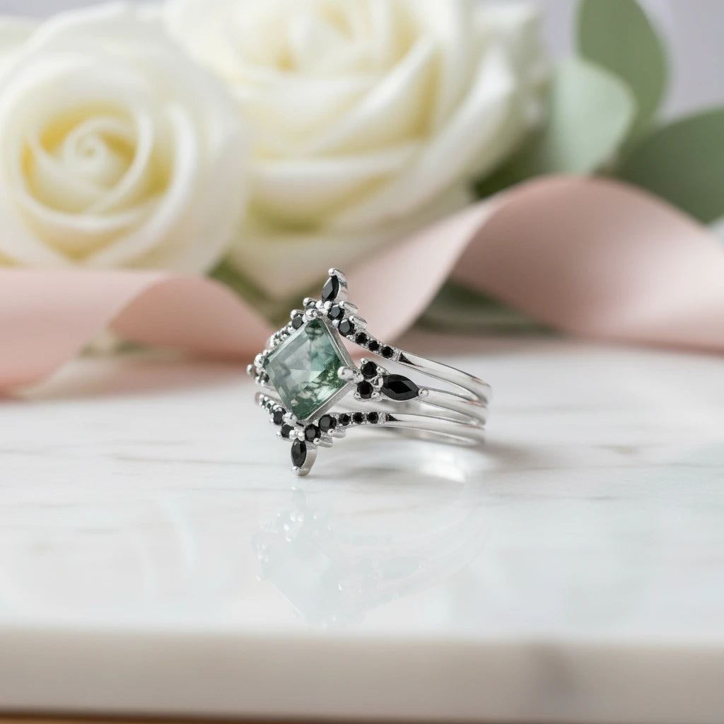Moss Agate and Black Diamond Options Wedding Ring Set-Black Diamonds New York