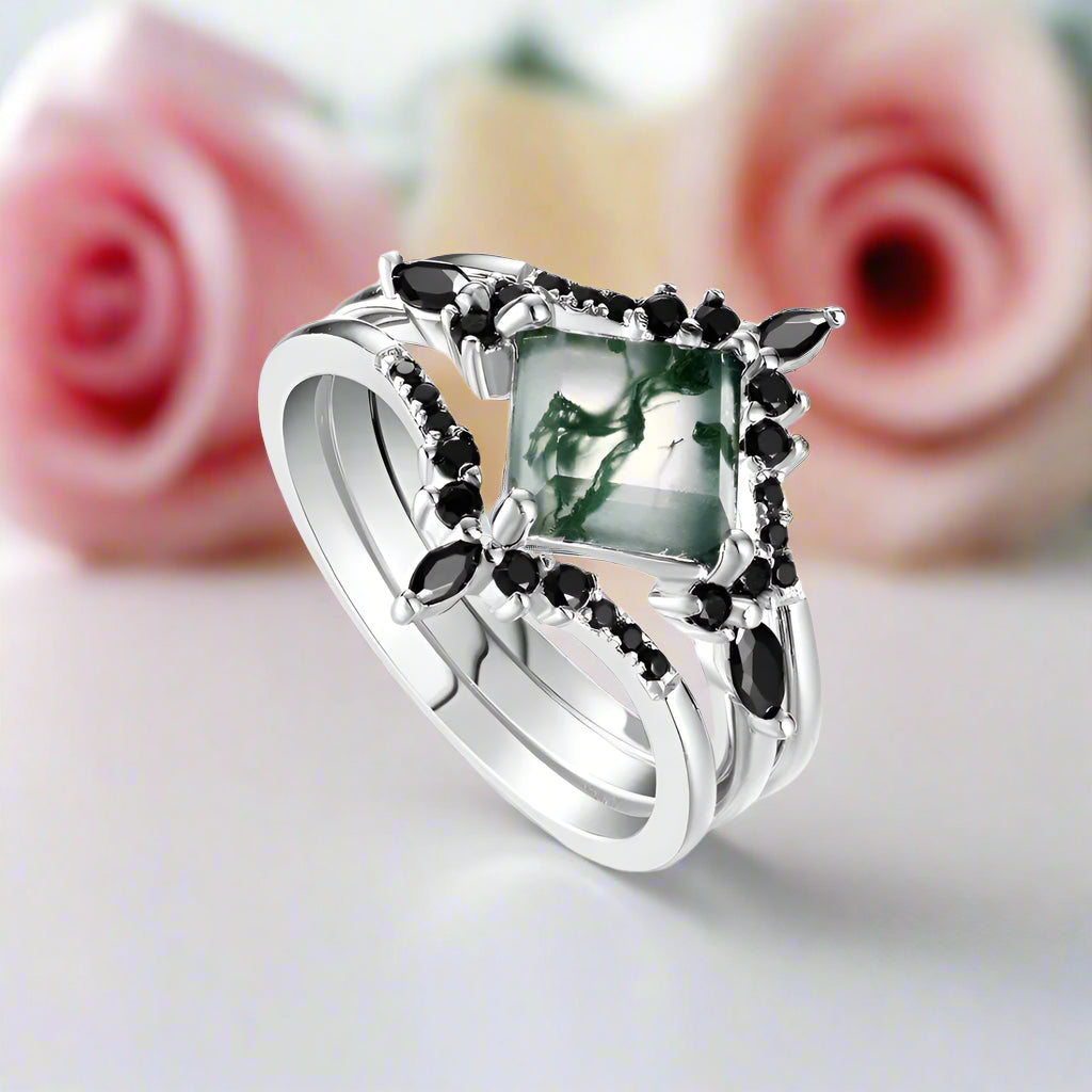 Moss Agate and Black Diamonds Wedding Ring Set-Black Diamonds New York