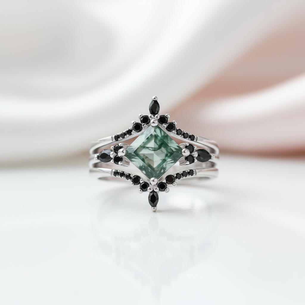 Moss Agate and Black Diamond Options Wedding Ring Set-Black Diamonds New York