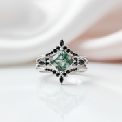 Moss Agate and Black Diamonds Wedding Ring Set-Black Diamonds New York