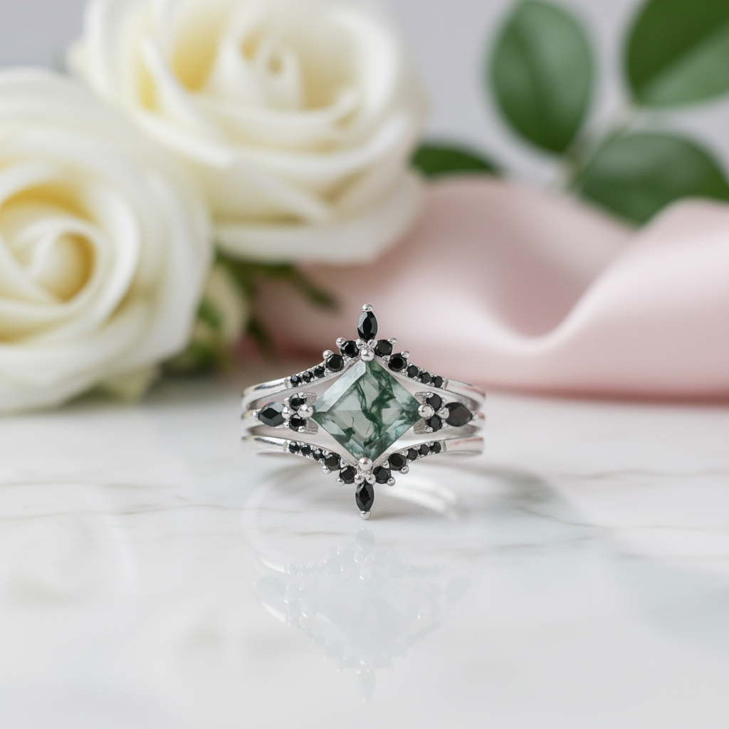 Moss Agate and Black Diamond Options Wedding Ring Set-Black Diamonds New York
