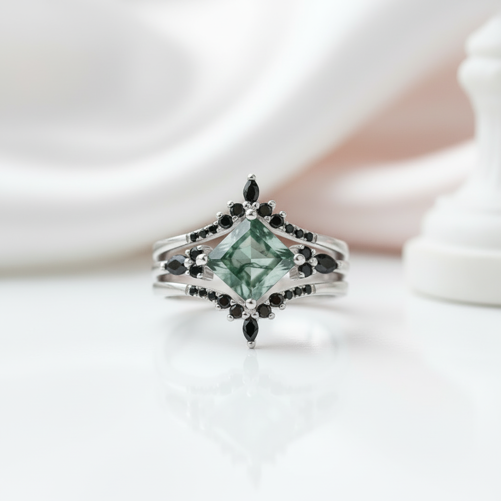 Moss Agate and Black Diamond Options Wedding Ring Set-Black Diamonds New York