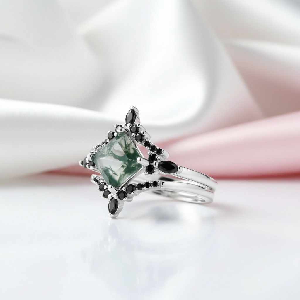 Moss Agate and Black Diamond Options Wedding Ring Set-Black Diamonds New York