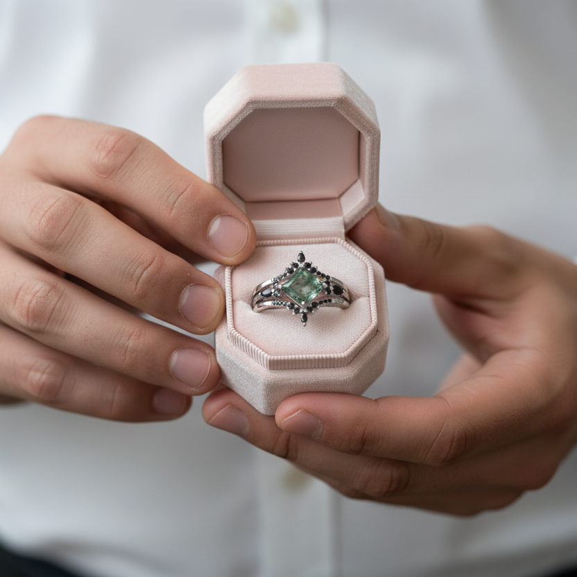 Moss Agate and Black Diamonds Wedding Ring Set-Black Diamonds New York