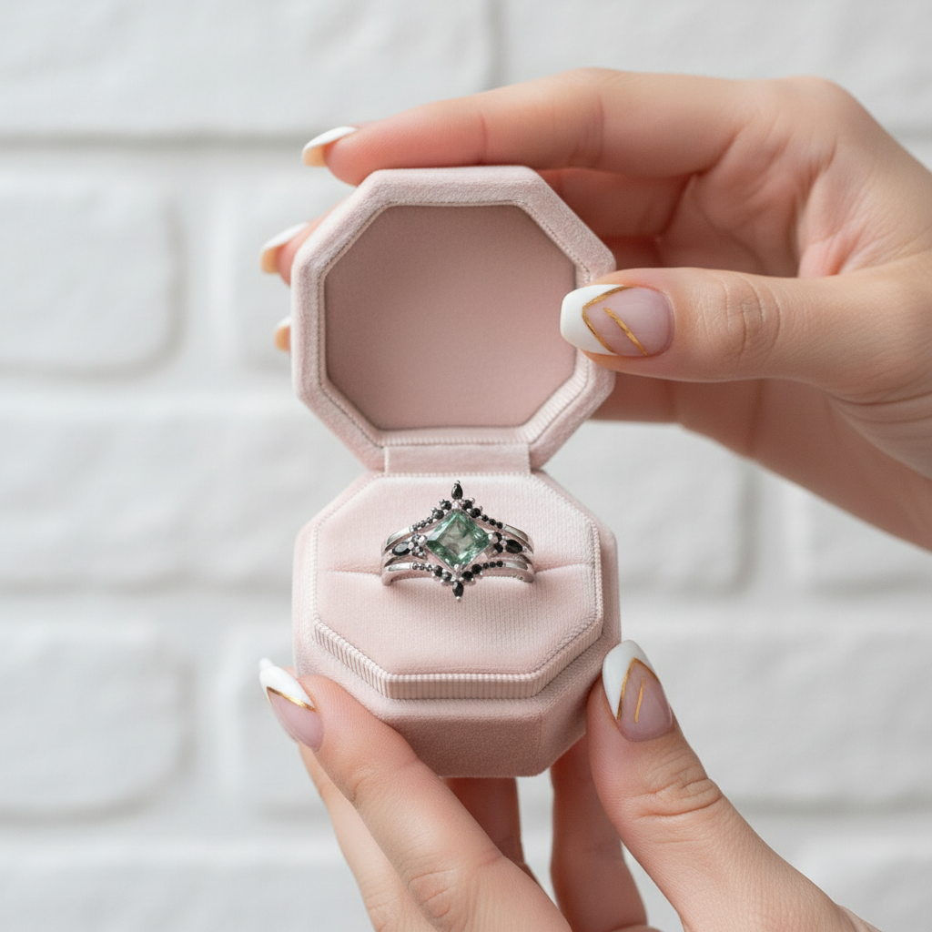 Moss Agate and Black Diamonds Wedding Ring Set-Black Diamonds New York