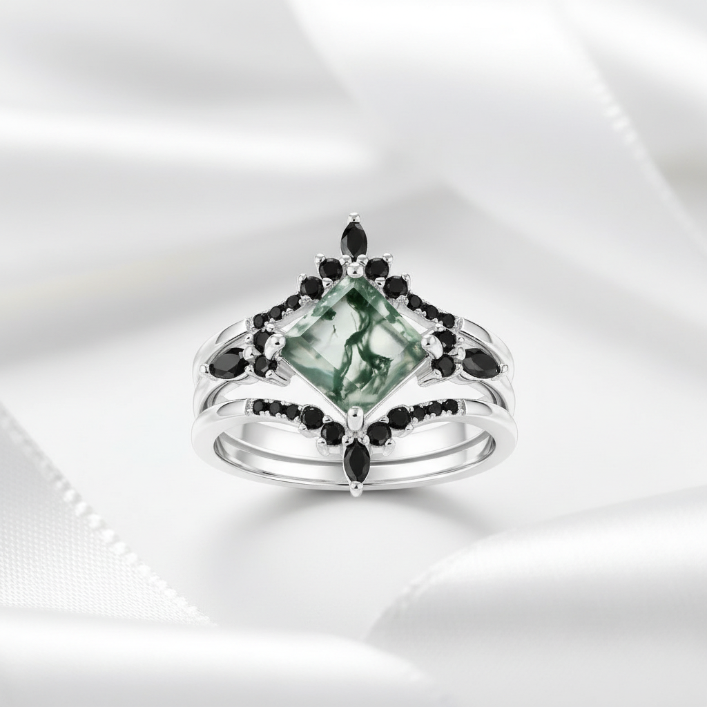 Moss Agate and Black Diamond Options Wedding Ring Set-Black Diamonds New York