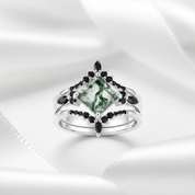 Moss Agate and Black Diamonds Wedding Ring Set-Black Diamonds New York