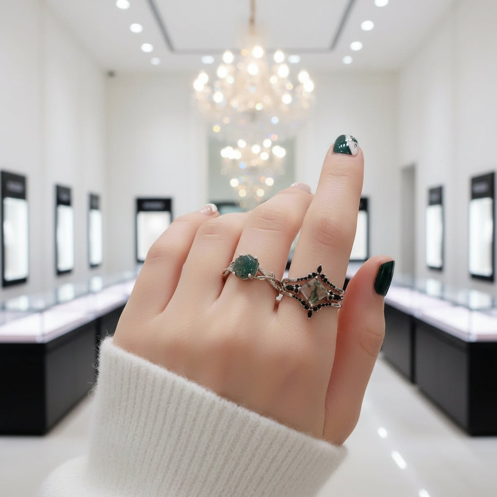 Moss Agate and Black Diamond Options Wedding Ring Set-Black Diamonds New York