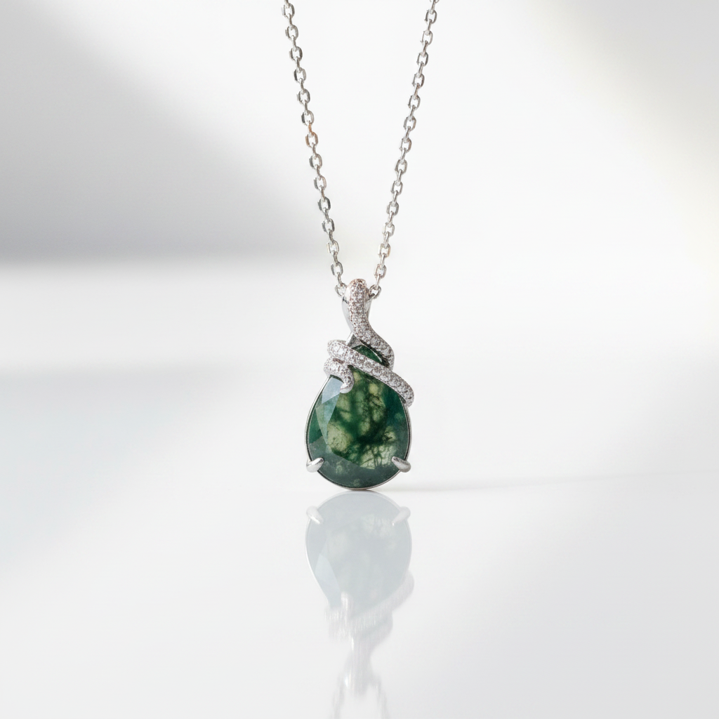 Oval Cut Green Moss Agate Snake Necklace-Black Diamonds New York