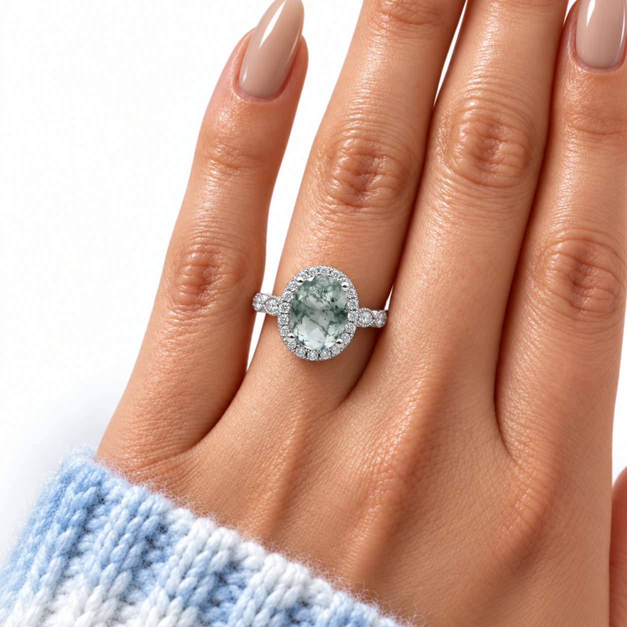 2ct Oval Cut Natural Moss Agate Engagement Ring-Black Diamonds New York