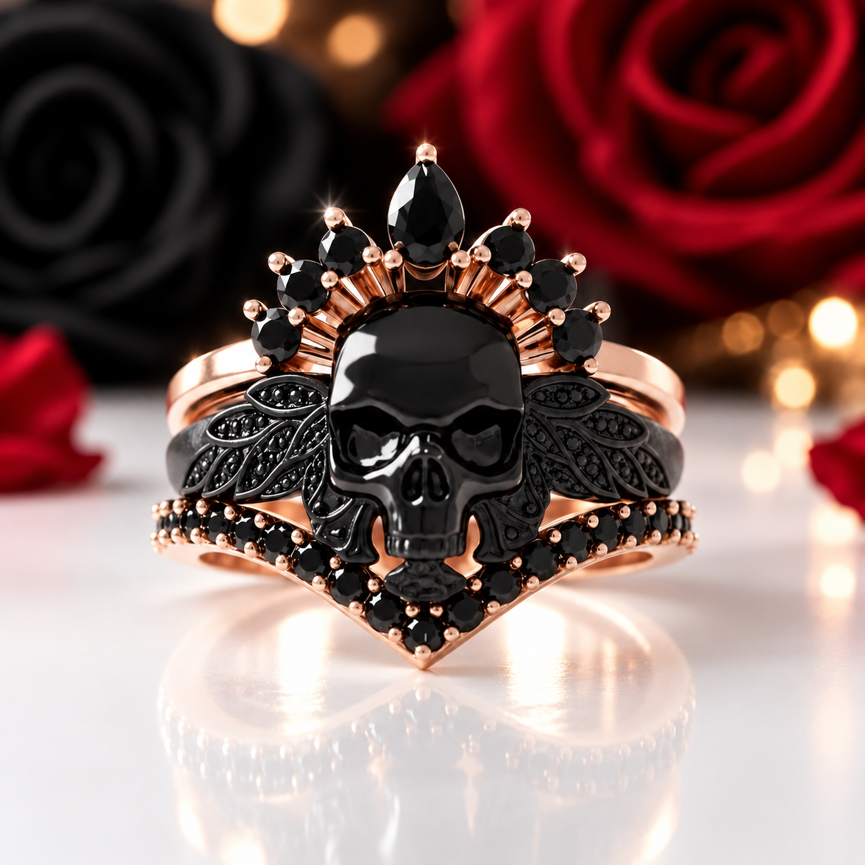 My Queen- 3pc Rose Gold Black Diamond Option Gothic Ring-Black Diamonds New York