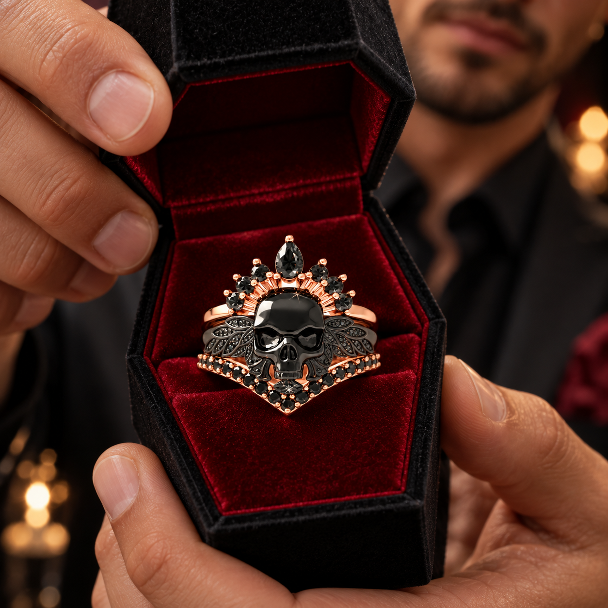 My Queen- 3pc Rose Gold Black Diamond Option Gothic Ring-Black Diamonds New York