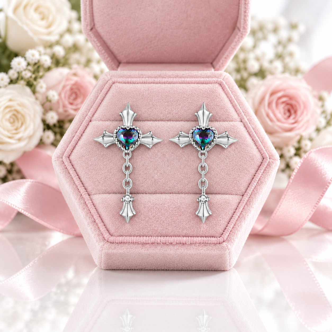 Mystic Heart Cross Drop Earrings-Black Diamonds New York