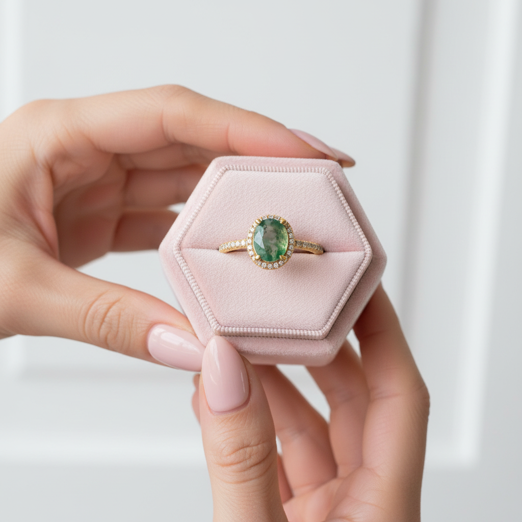 Natural 9*7mm Oval Green Moss Agate Engagement Ring-Black Diamonds New York